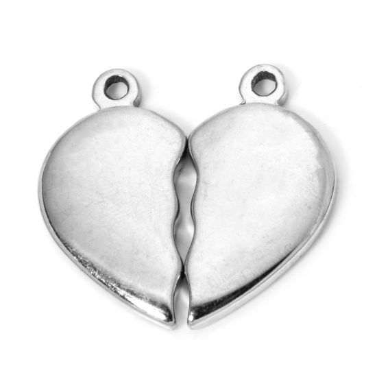 Picture of 1 Set ( 2 PCs/Set) 304 Stainless Steel Pendants Silver Tone Heart 3cm x 1.6cm