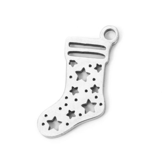 Picture of 3 PCs 304 Stainless Steel Christmas Charms Silver Tone Christmas Stocking Hollow 17mm x 8mm