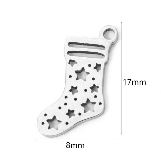 Picture of 3 PCs 304 Stainless Steel Christmas Charms Silver Tone Christmas Stocking Hollow 17mm x 8mm