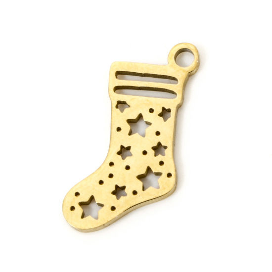 Picture of 3 PCs Vacuum Plating 304 Stainless Steel Christmas Charms 18K Gold Plated Christmas Stocking Hollow 17mm x 8mm