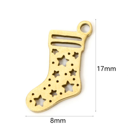 Picture of 3 PCs Vacuum Plating 304 Stainless Steel Christmas Charms 18K Gold Plated Christmas Stocking Hollow 17mm x 8mm