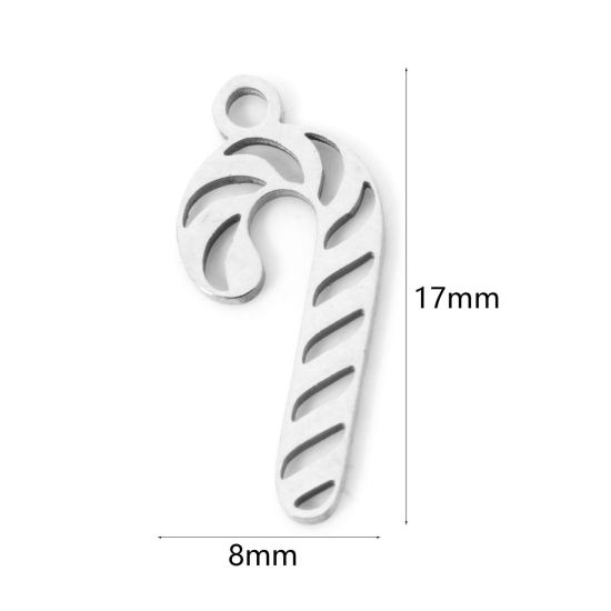 Picture of 3 PCs 304 Stainless Steel Christmas Charms Silver Tone Christmas Candy Cane Hollow 17mm x 8mm