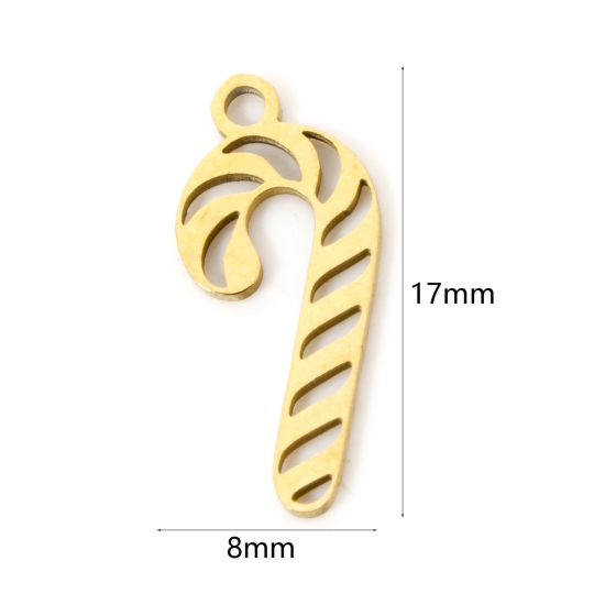 Picture of 3 PCs Vacuum Plating 304 Stainless Steel Christmas Charms 18K Gold Plated Christmas Candy Cane Hollow 17mm x 8mm