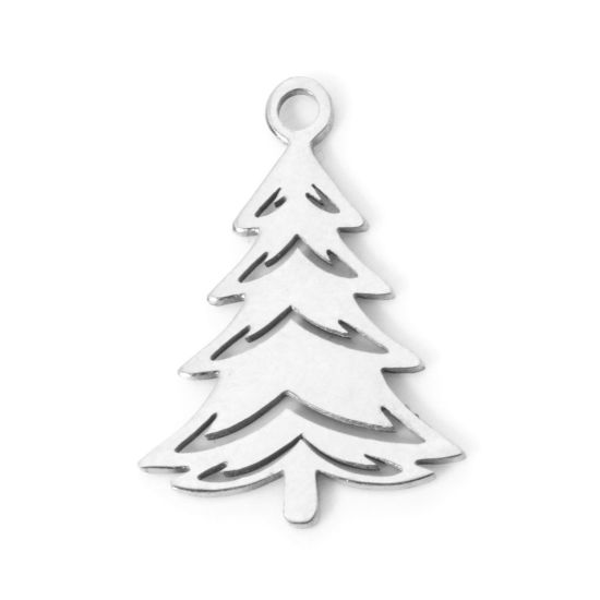 Picture of 3 PCs 304 Stainless Steel Christmas Charms Silver Tone Christmas Tree Hollow 17mm x 12mm