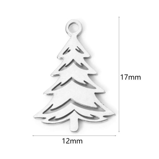 Picture of 3 PCs 304 Stainless Steel Christmas Charms Silver Tone Christmas Tree Hollow 17mm x 12mm