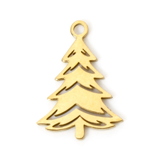 Picture of 3 PCs Vacuum Plating 304 Stainless Steel Christmas Charms 18K Gold Plated Christmas Tree Hollow 17mm x 12mm