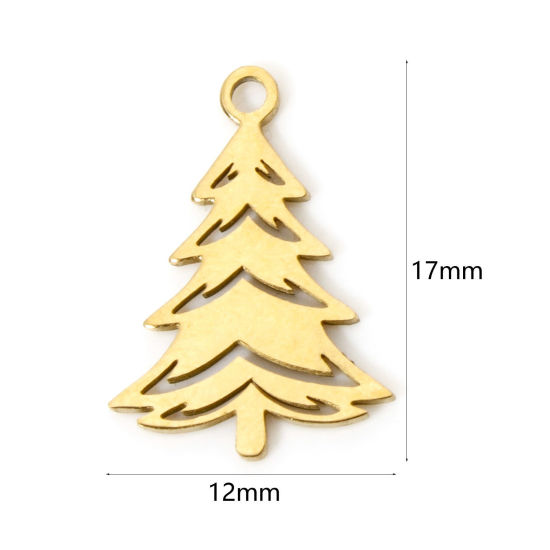 Picture of 3 PCs Vacuum Plating 304 Stainless Steel Christmas Charms 18K Gold Plated Christmas Tree Hollow 17mm x 12mm