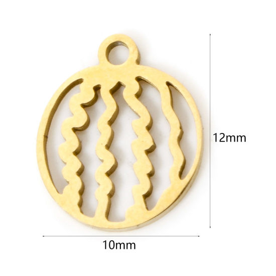 Picture of 3 PCs Vacuum Plating 304 Stainless Steel Charms 18K Gold Plated Watermelon Fruit Hollow 12mm x 10mm