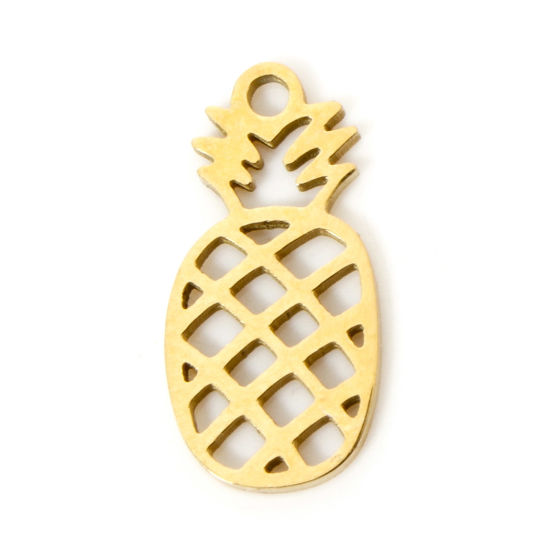 Picture of 3 PCs Vacuum Plating 304 Stainless Steel Charms 18K Gold Plated Pineapple/ Ananas Fruit Hollow 15mm x 7mm