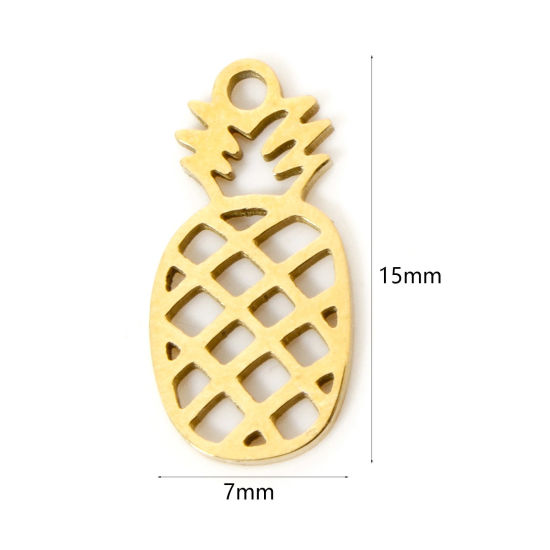 Picture of 3 PCs Vacuum Plating 304 Stainless Steel Charms 18K Gold Plated Pineapple/ Ananas Fruit Hollow 15mm x 7mm