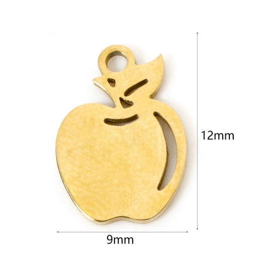 Picture of 3 PCs Vacuum Plating 304 Stainless Steel Charms 18K Gold Plated Apple Fruit Hollow 12mm x 9mm