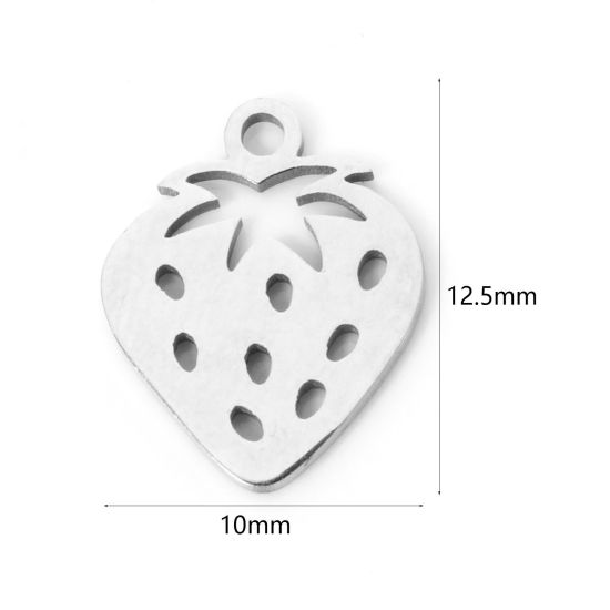 Picture of 3 PCs 304 Stainless Steel Charms Silver Tone Strawberry Fruit Hollow 12.5mm x 10mm