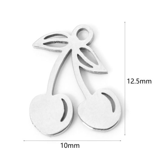 Picture of 3 PCs 304 Stainless Steel Charms Silver Tone Cherry Fruit Hollow 12.5mm x 10mm