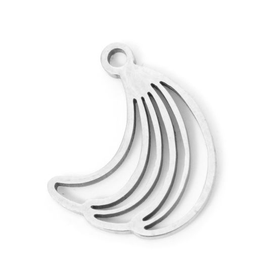 Picture of 3 PCs 304 Stainless Steel Charms Silver Tone Banana Fruit Hollow 15mm x 12mm