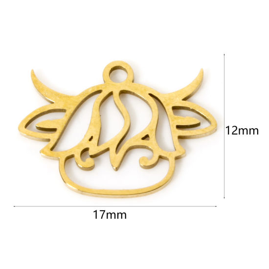 Picture of 3 PCs Vacuum Plating 304 Stainless Steel Charms 18K Gold Plated Bull Head/ Cow Head 17mm x 12mm