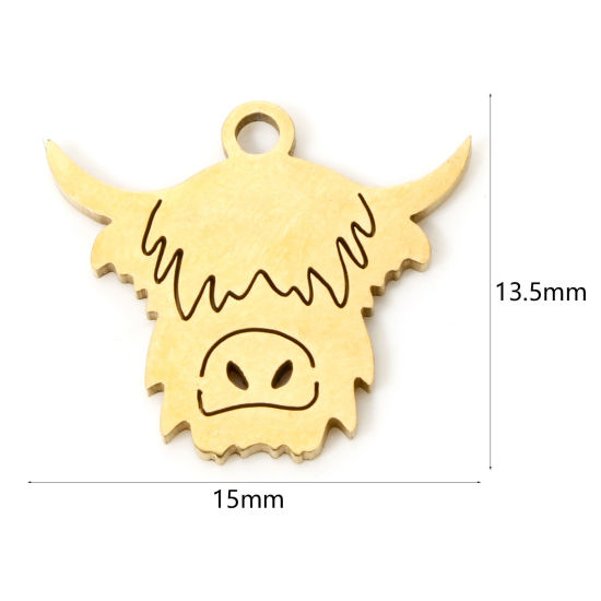 Picture of 3 PCs Vacuum Plating 304 Stainless Steel Charms 18K Gold Plated Bull Head/ Cow Head 15mm x 13.5mm