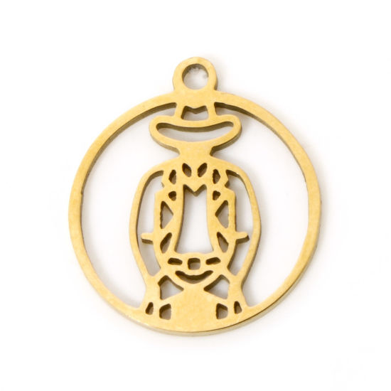 Изображение 3 PCs Vacuum Plating 304 Stainless Steel Charms 18K Gold Plated Round Cartoon Images Hollow 17mm x 15mm