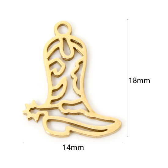 Picture of 3 PCs Vacuum Plating 304 Stainless Steel West Cowboy Charms 18K Gold Plated Boots Hollow 18mm x 14mm