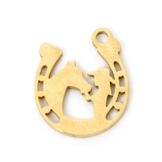 Picture of 3 PCs Vacuum Plating 304 Stainless Steel West Cowboy Charms 18K Gold Plated Luck Horseshoe Hollow 14mm x 11.5mm