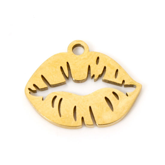 Image de 3 PCs Vacuum Plating 304 Stainless Steel Charms 18K Gold Plated Lip Hollow 15mm x 12mm