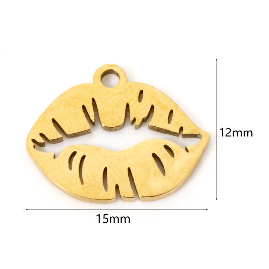 Picture of 3 PCs Vacuum Plating 304 Stainless Steel Charms 18K Gold Plated Lip Hollow 15mm x 12mm