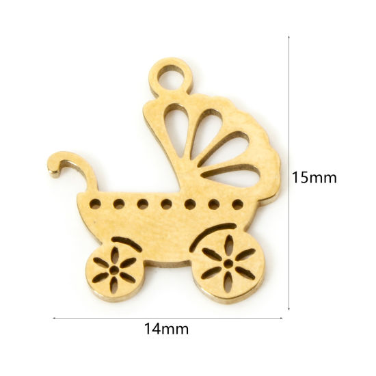 Изображение 3 PCs Vacuum Plating 304 Stainless Steel Charms 18K Gold Plated Baby Carriage Hollow 15mm x 14mm