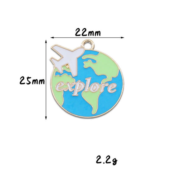 Picture of 10 PCs Zinc Based Alloy Travel Charms Gold Plated Multicolor Planet Earth Airplane Enamel 25mm x 22mm