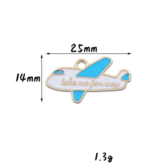 Picture of 10 PCs Zinc Based Alloy Travel Charms Gold Plated White & Blue Airplane Enamel 25mm x 14mm