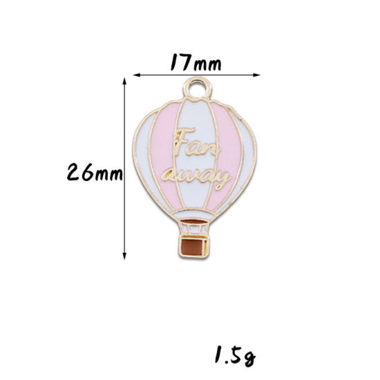 Picture of 10 PCs Zinc Based Alloy Travel Charms Gold Plated White & Pink Fire Balloon Enamel 26mm x 17mm