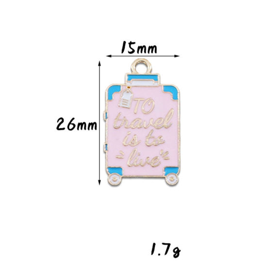 Picture of 10 PCs Zinc Based Alloy Travel Charms Gold Plated Blue & Pink Luggage Trolley Suitcase Enamel 26mm x 15mm