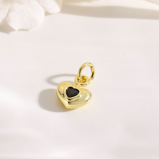 Image de 2 PCs Brass Valentine's Day 18K Gold Plated Heart Black Cubic Zirconia 13mm x 8mm