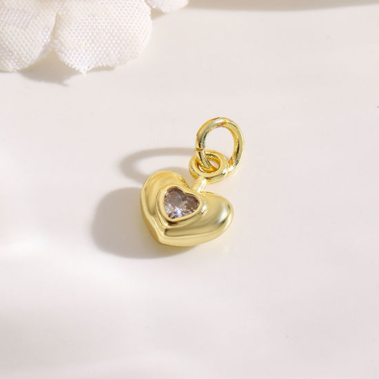 Picture of 2 PCs Brass Valentine's Day Charms 18K Gold Plated Heart Clear Cubic Zirconia 13mm x 8mm