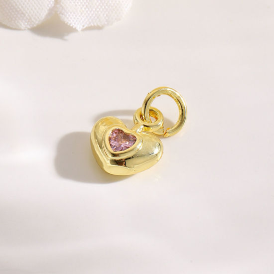 Picture of 2 PCs Brass Valentine's Day Charms 18K Gold Plated Heart Pink Cubic Zirconia 13mm x 8mm