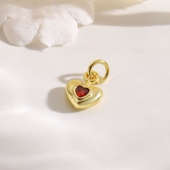 Picture of 2 PCs Brass Valentine's Day Charms 18K Gold Plated Heart Red Cubic Zirconia 13mm x 8mm