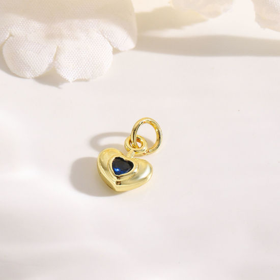 Picture of 2 PCs Brass Valentine's Day Charms 18K Gold Plated Heart Deep Blue Cubic Zirconia 13mm x 8mm