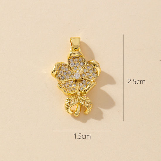 Picture of 1 Piece Brass Charm Pendant 18K Gold Plated Flower Micro Pave Clear Cubic Zirconia 25mm x 15mm