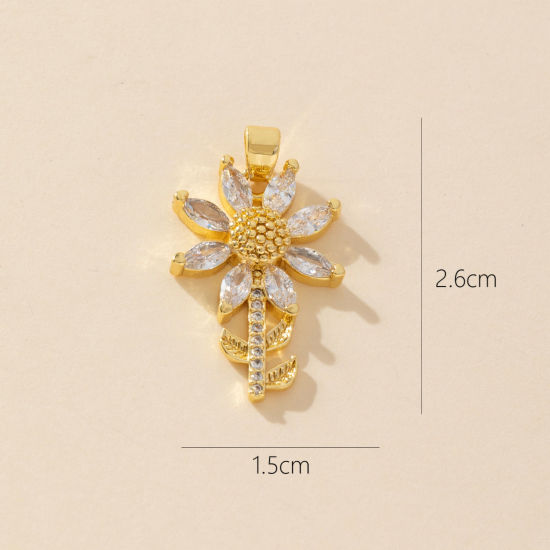 Picture of 1 Piece Brass Charm Pendant 18K Gold Plated Flower Micro Pave Clear Cubic Zirconia 26mm x 15mm