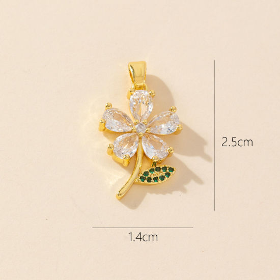 Picture of 1 Piece Brass Charm Pendant 18K Gold Plated Flower Micro Pave Clear Cubic Zirconia 25mm x 14mm