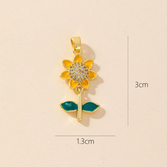 Picture of 1 Piece Brass Charm Pendant 18K Gold Plated Flower Sunflower Micro Pave Clear Cubic Zirconia 3cm x 1.3cm