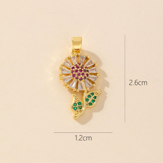 Picture of 1 Piece Brass Charm Pendant 18K Gold Plated Flower Sunflower Micro Pave Clear Cubic Zirconia 26mm x 12mm