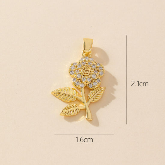 Picture of 1 Piece Brass Charm Pendant 18K Gold Plated Flower Micro Pave Clear Cubic Zirconia 21mm x 16mm