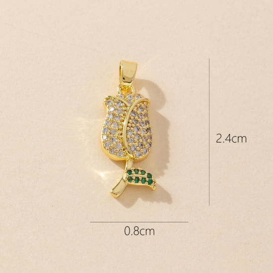 Picture of 1 Piece Brass Charm Pendant 18K Gold Plated Flower Tulip Flower Micro Pave Clear Cubic Zirconia 24mm x 8mm