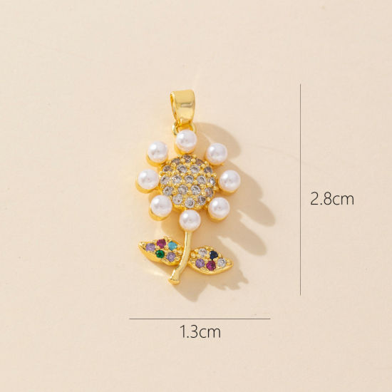 Picture of 1 Piece Brass Charm Pendant 18K Gold Plated Flower Sunflower Micro Pave Clear Cubic Zirconia 28mm x 13mm