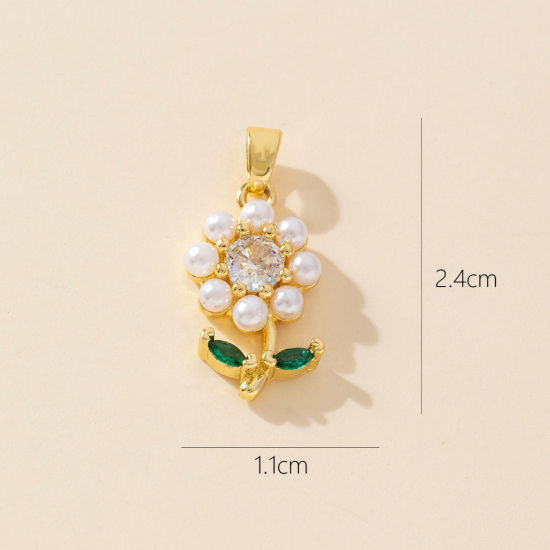 Picture of 1 Piece Brass Charm Pendant 18K Gold Plated Flower Sunflower Micro Pave Clear Cubic Zirconia 24mm x 11mm