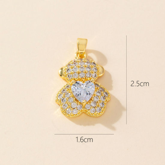 Bild von 1 Stück Messing Charm-Anhänger 18K Vergoldet Bär Micro Pave Klar Zirkonia 25mm x 16mm