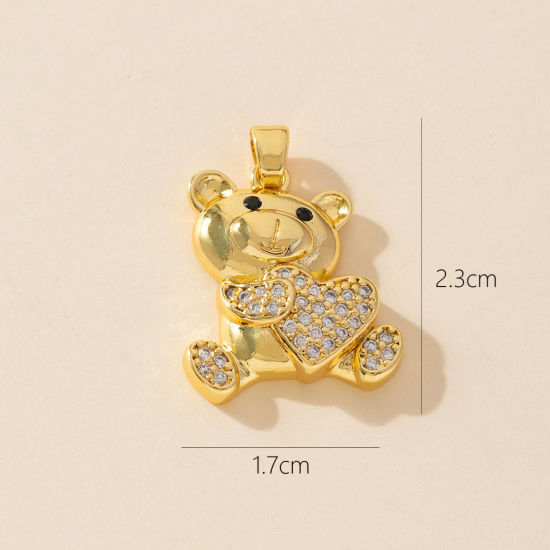 Bild von 1 Stück Messing Charm-Anhänger 18K Vergoldet Bär Micro Pave Klar Zirkonia 23mm x 17mm