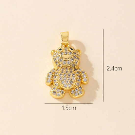 Bild von 1 Stück Messing Charm-Anhänger 18K Vergoldet Bär Micro Pave Klar Zirkonia 24mm x 15mm