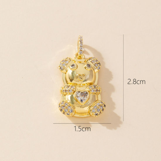 Bild von 1 Stück Messing Charm-Anhänger 18K Vergoldet Bär Micro Pave Klar Zirkonia 28mm x 15mm