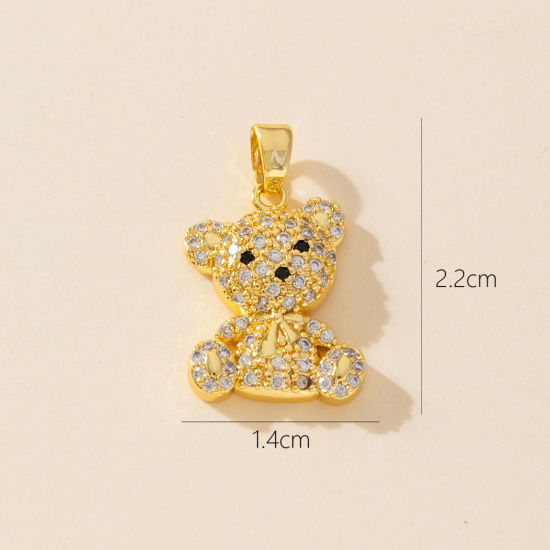 Bild von 1 Stück Messing Charm-Anhänger 18K Vergoldet Bär Micro Pave Klar Zirkonia 22mm x 14mm