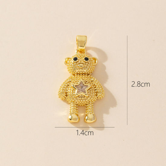Bild von 1 Stück Messing Charm-Anhänger 18K Vergoldet Bär Micro Pave Klar Zirkonia 28mm x 14mm